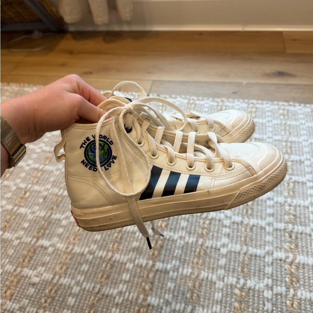 Adidas Cream Sneakers with Pink Stripes